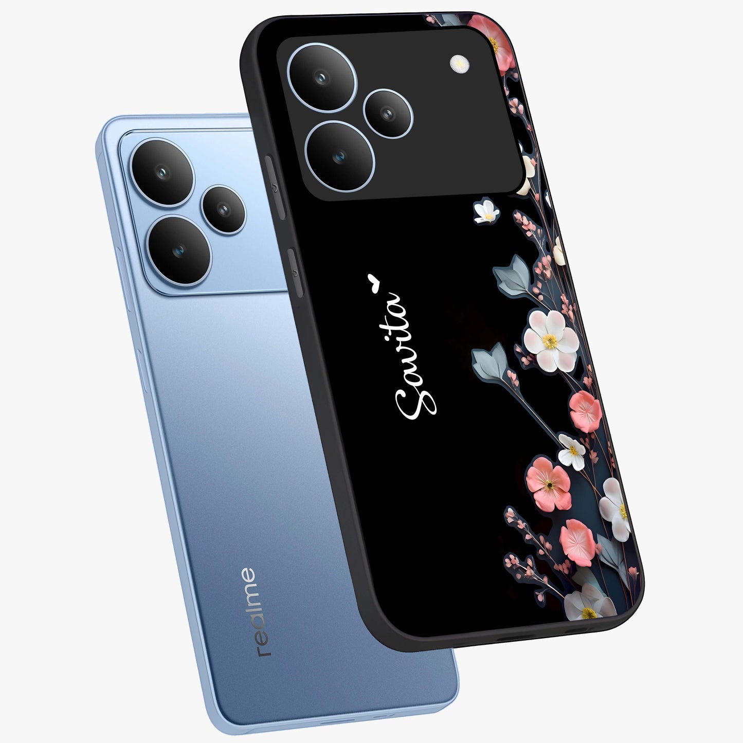 Black Elegance Floral Custom Name Glass Case displayed in angled mockup highlighting dark floral aesthetic and custom name feature.