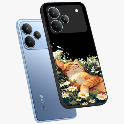 Blissful Bloom Cat Glass Case displayed in angled mockup highlighting playful feline illustration with soft floral aesthetic.