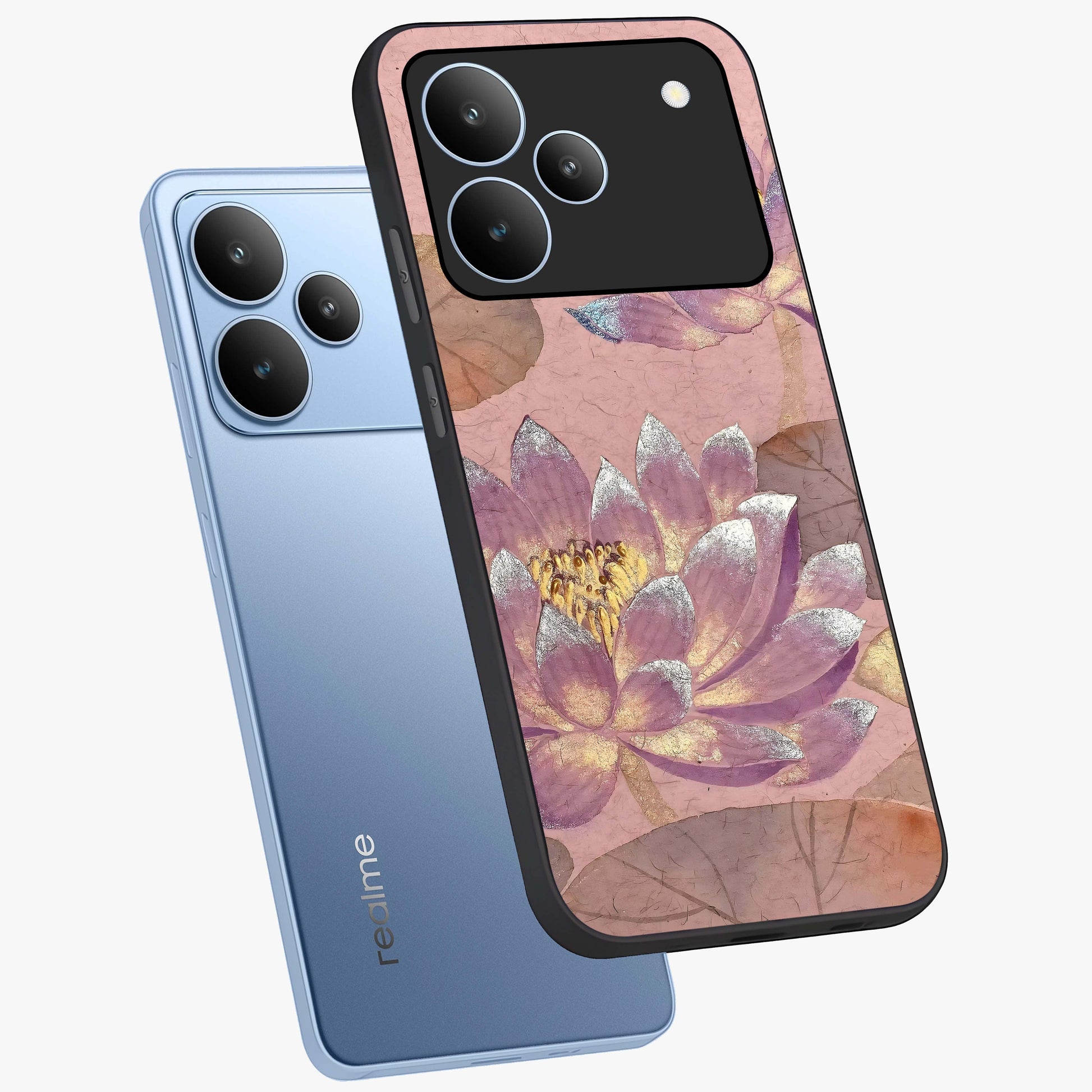Blossom Mist Lotus Glass Case displayed in angled mockup highlighting delicate lotus illustration with calm aesthetic theme.