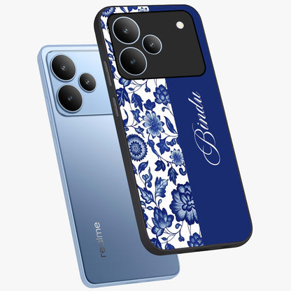 Blue Vintage Floral Pattern Glass Case displayed in angled mockup highlighting subtle bloom pattern with aesthetic pastel design.