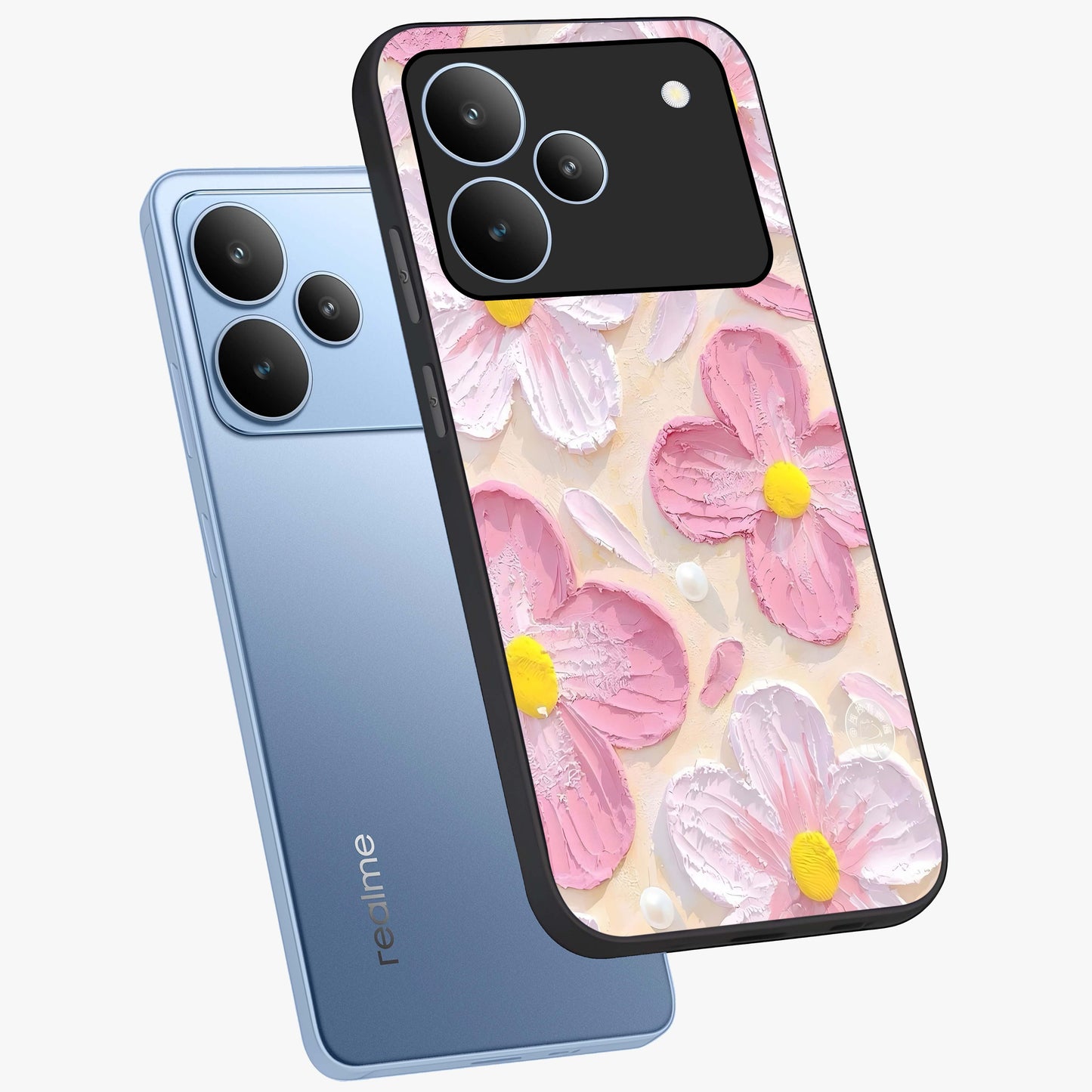 Blush Bloom Texture Glass Case displayed in angled mockup highlighting subtle bloom pattern with aesthetic pastel design.