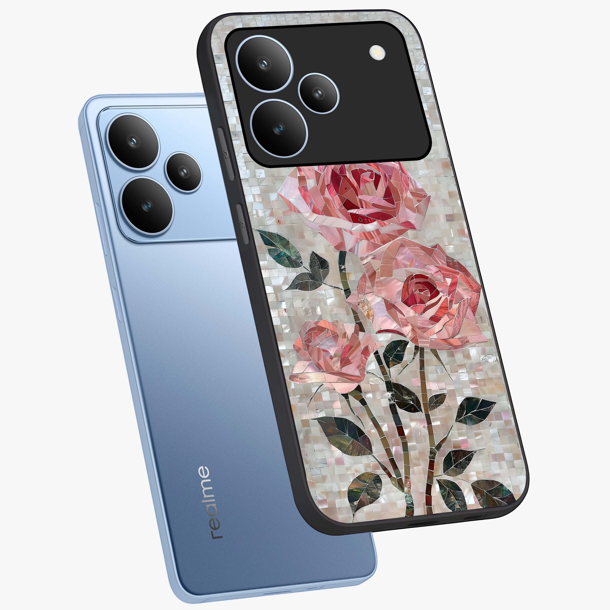 Blush Mosaic Bloom Glass Case displayed in angled mockup highlighting artistic mosaic flower pattern with aesthetic design.