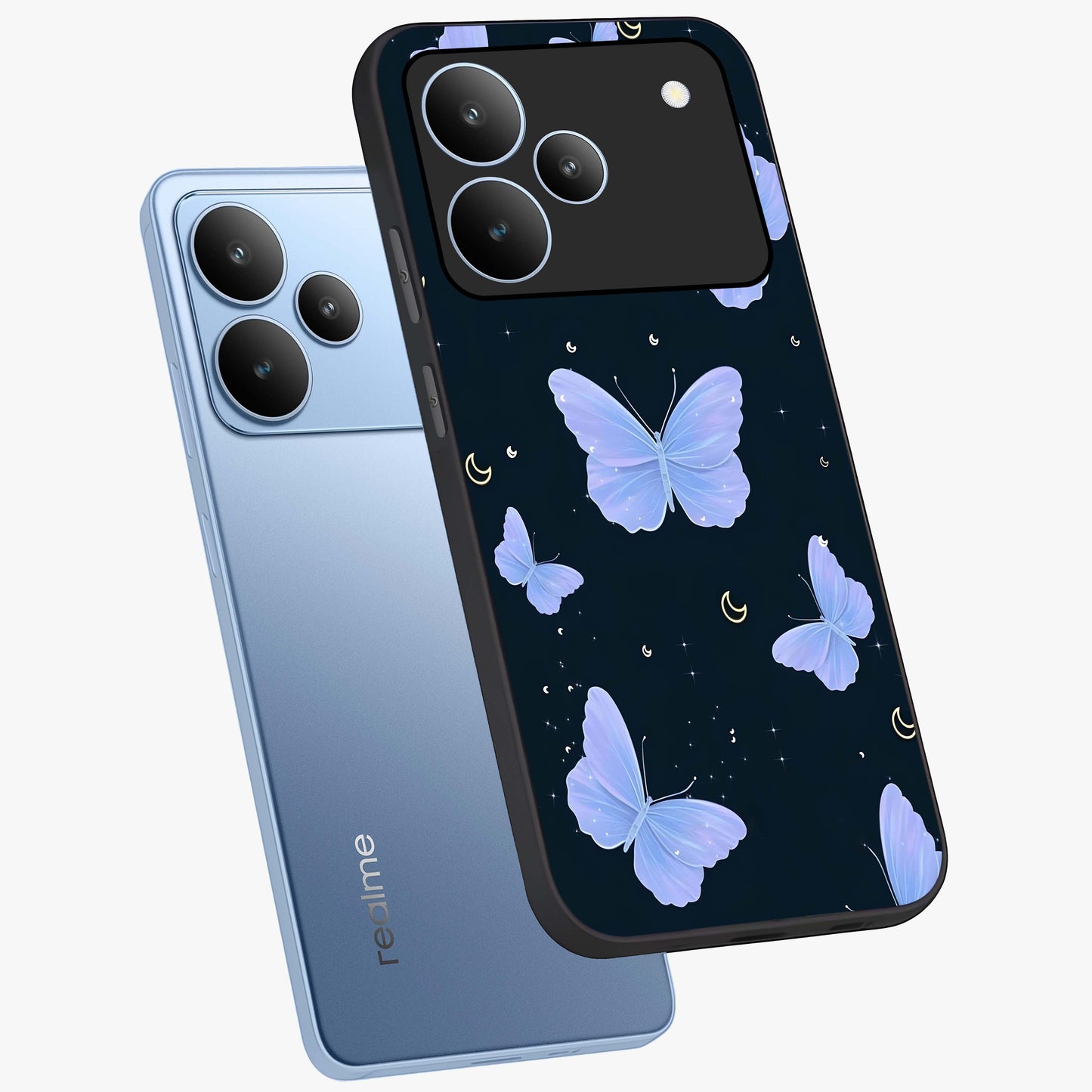Butterfly With Stars Pattern Glass Case displayed in angled mockup highlighting dreamy butterfly and star design with aesthetic theme.