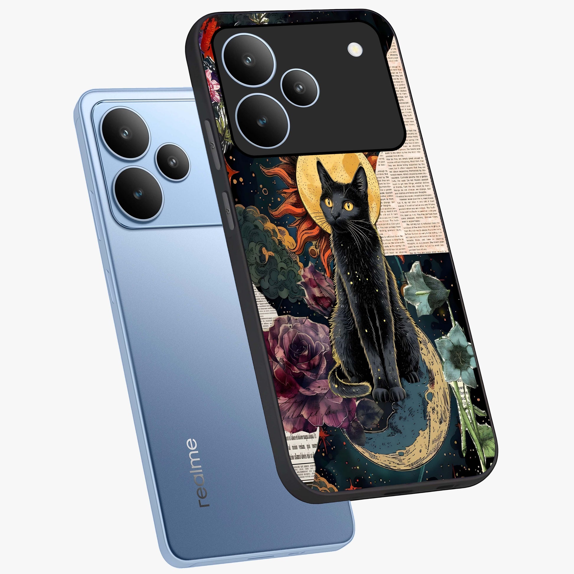 Celestial Black Cat Glass Case displayed in angled mockup highlighting cosmic black cat design with celestial aesthetic.