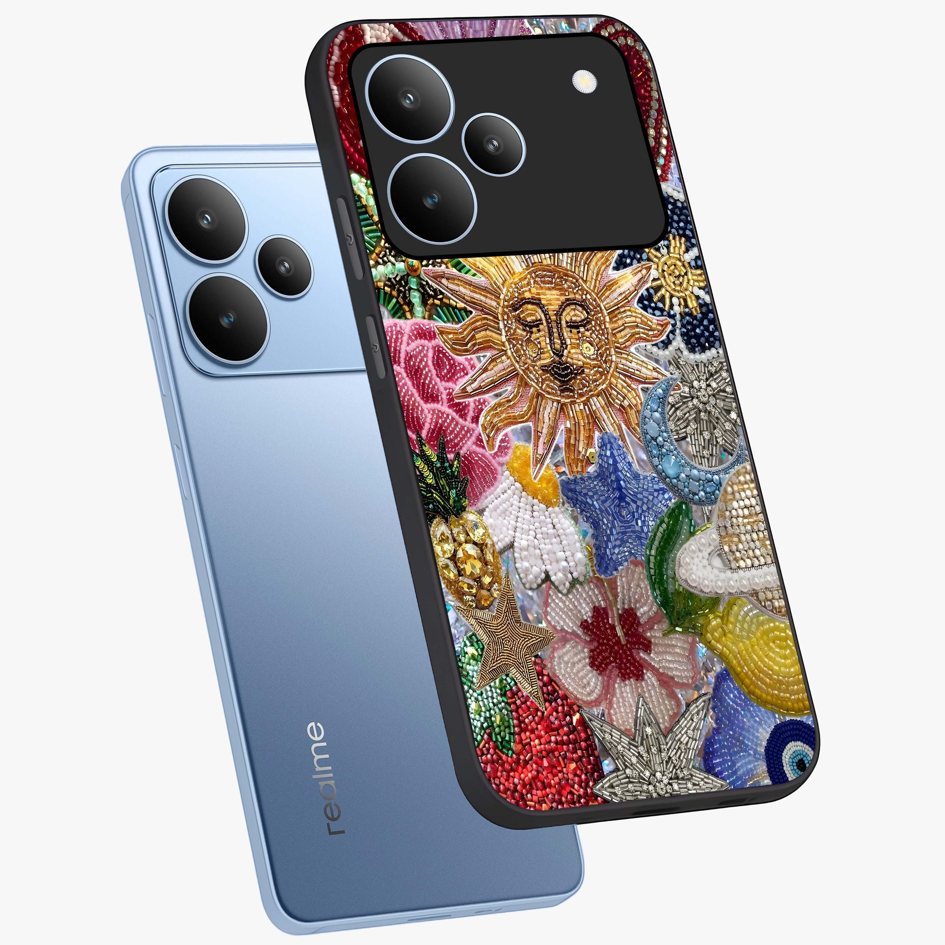 Celestial Floral and Playful Glass Case displayed in angled mockup highlighting playful floral design with dreamy celestial elements.