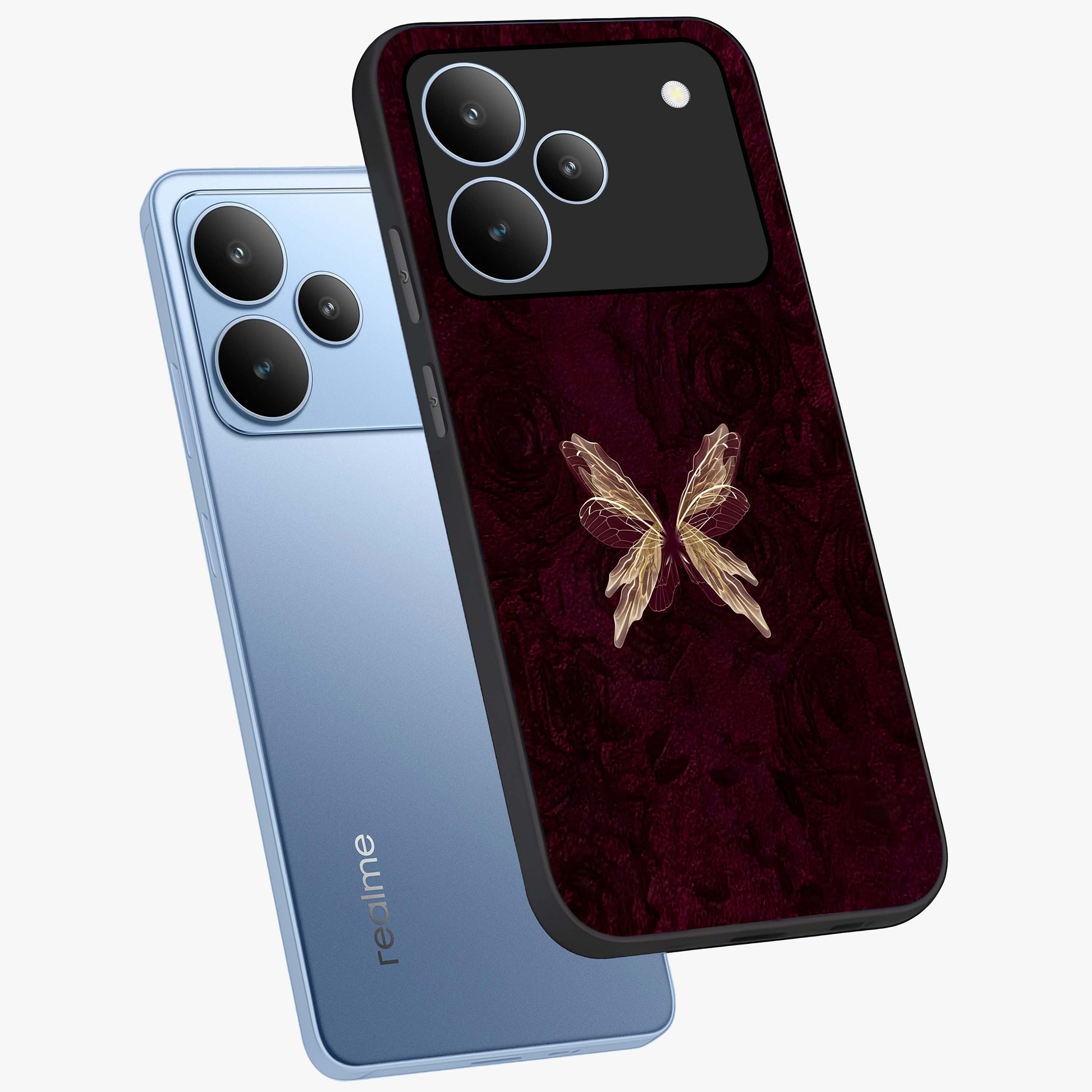 Crimson Fade Butterfly Glass Case displayed in angled mockup highlighting elegant butterfly design with crimson gradient aesthetic.