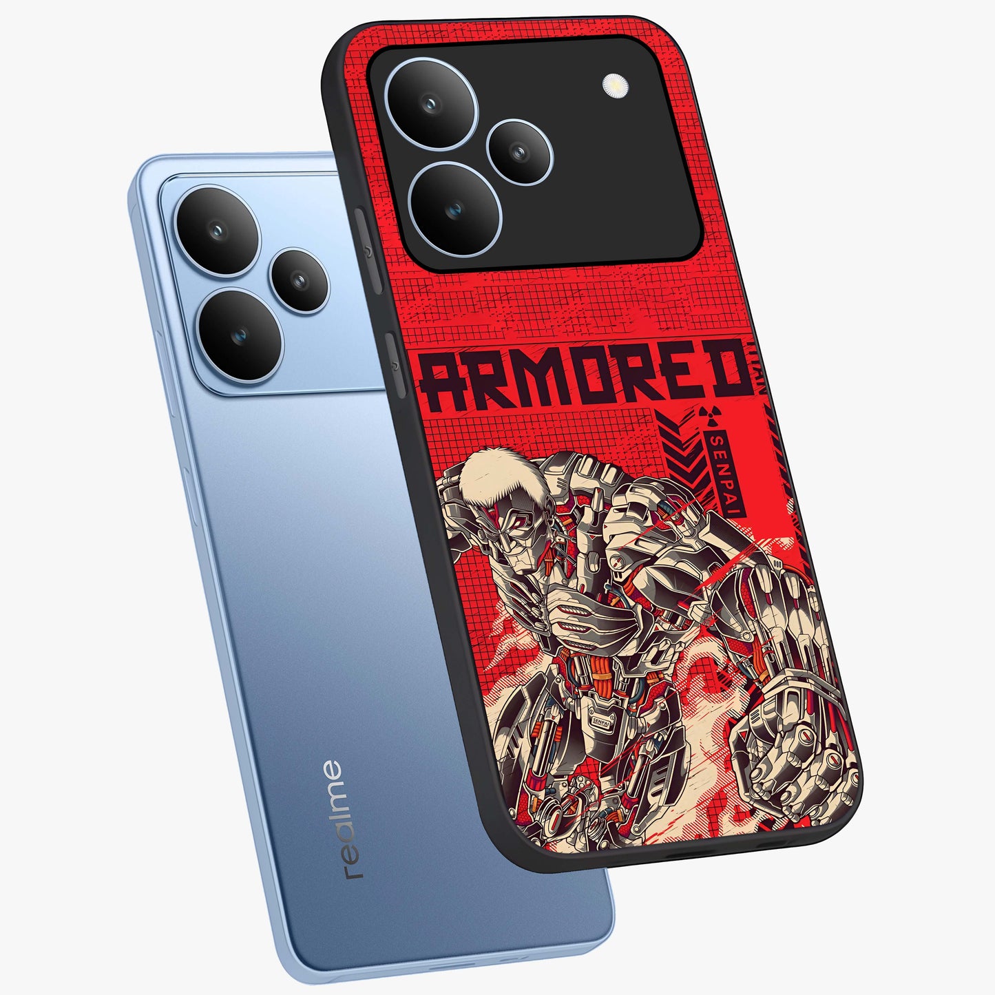 Crimson Mecha Titan Glass Case displayed in angled mockup highlighting futuristic mech illustration with bold crimson aesthetic.