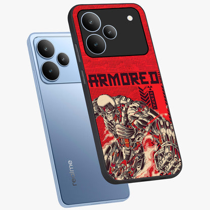 Crimson Mecha Titan Glass Case displayed in angled mockup highlighting futuristic mech illustration with bold crimson aesthetic.