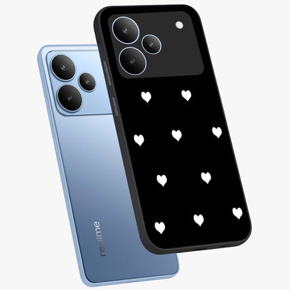 Cute And Simple White Hearts Glass Case displayed in angled mockup highlighting cute heart design with clean aesthetic style.