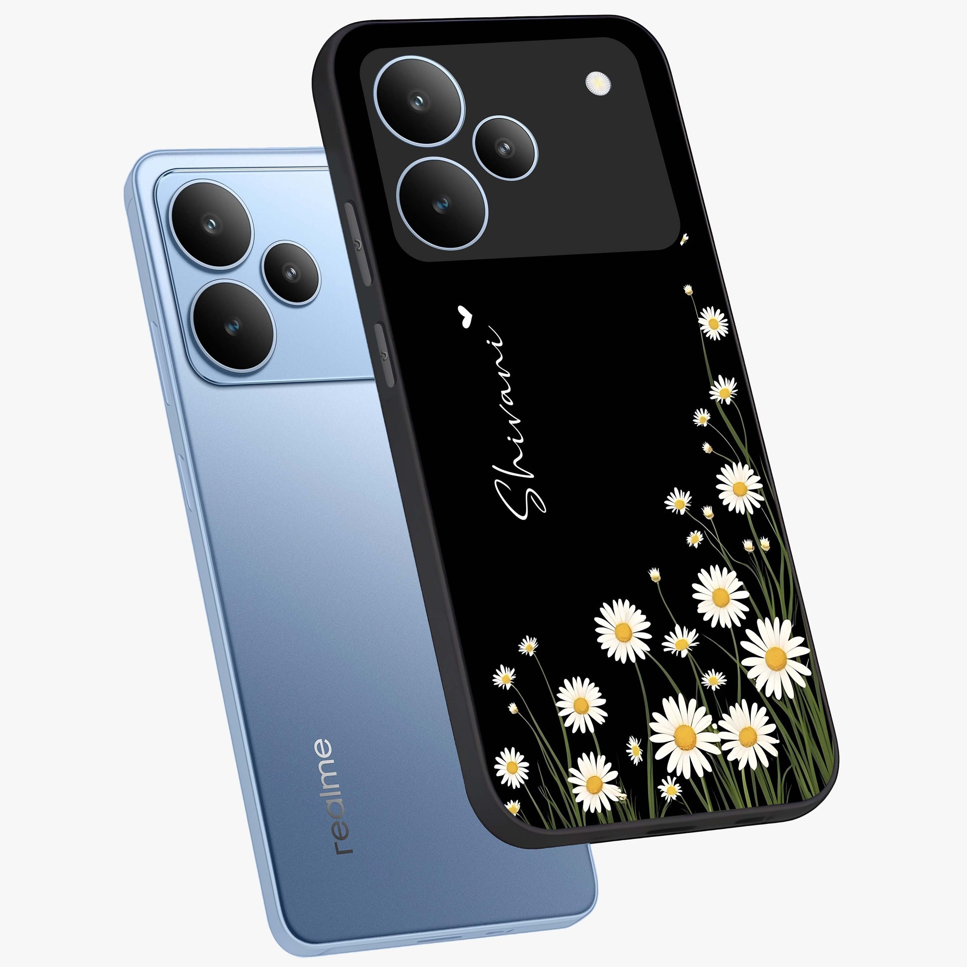 Daisy Cascade Custom Name Glass Case displayed in angled mockup highlighting delicate daisy artwork with custom name feature.
