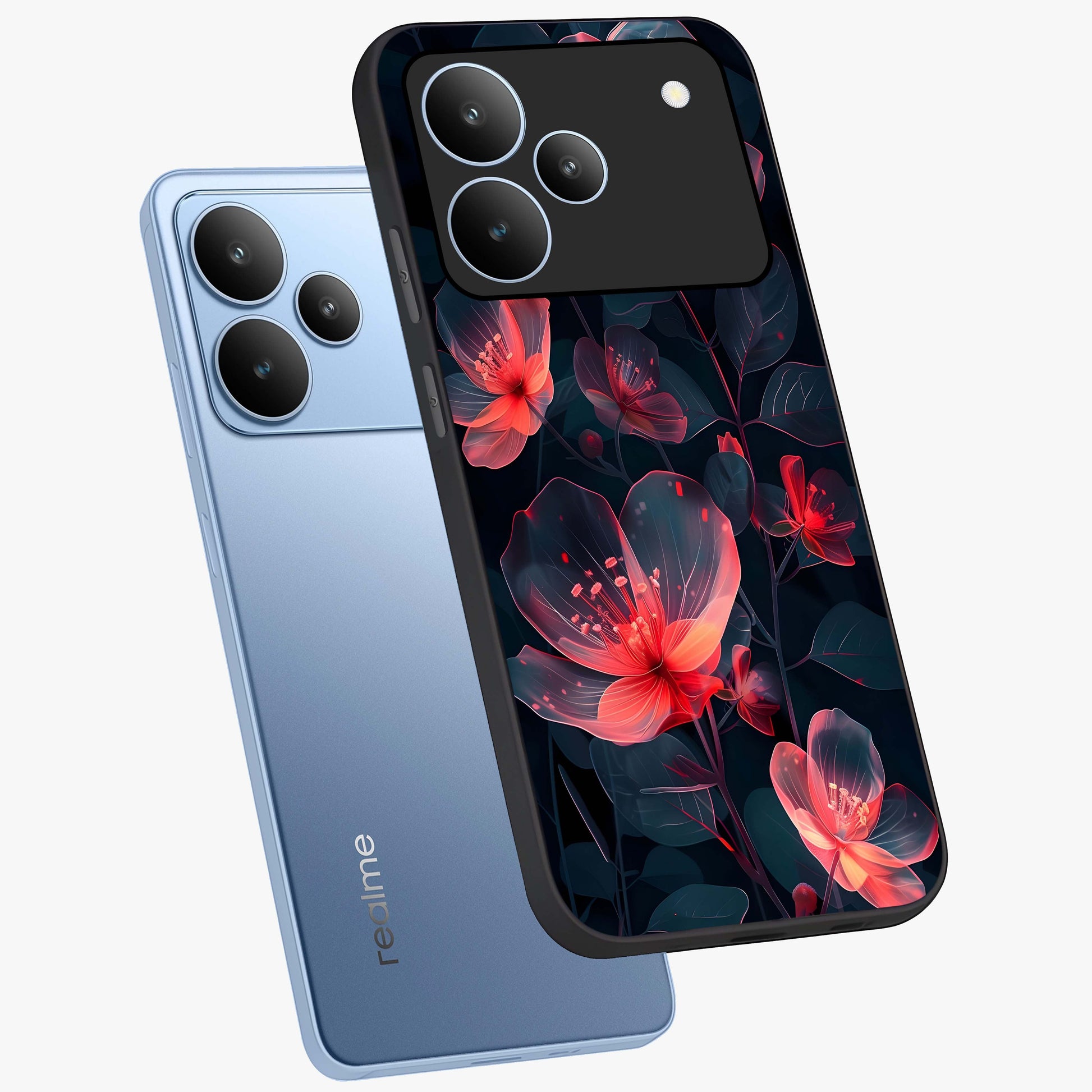 Dark Shade of Flower Glass Case displayed in angled mockup highlighting moody floral illustration with aesthetic dark tones.