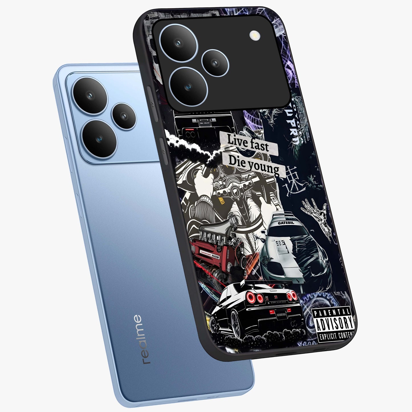 Die Young Glass Case displayed in angled mockup highlighting expressive graphic artwork with edgy aesthetic style.