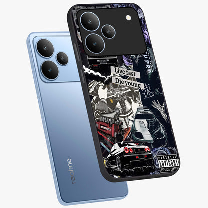 Die Young Glass Case displayed in angled mockup highlighting expressive graphic artwork with edgy aesthetic style.