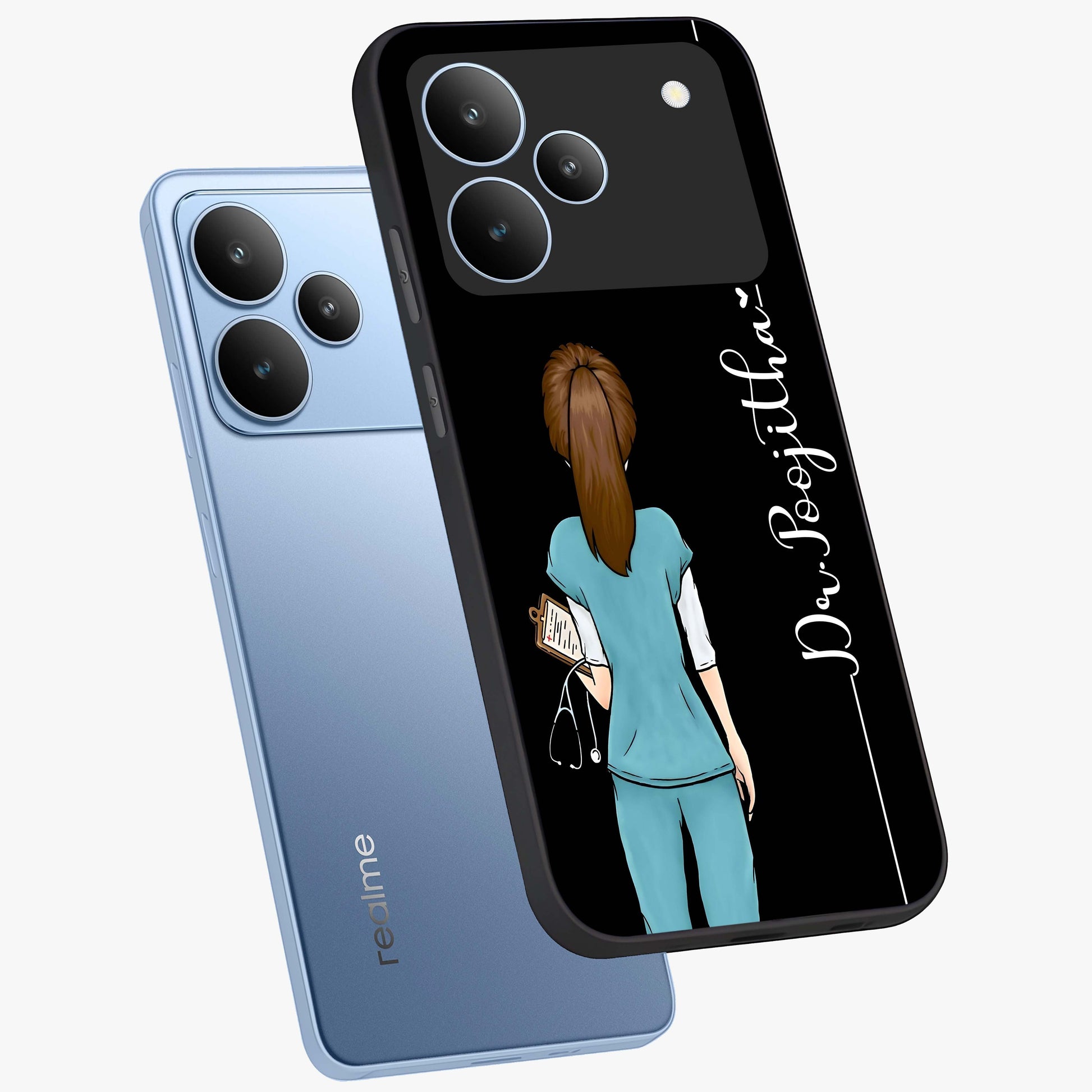 Doctor Pattern Custom Name Glass Case displayed in angled mockup highlighting doctor inspired artwork with custom name feature.