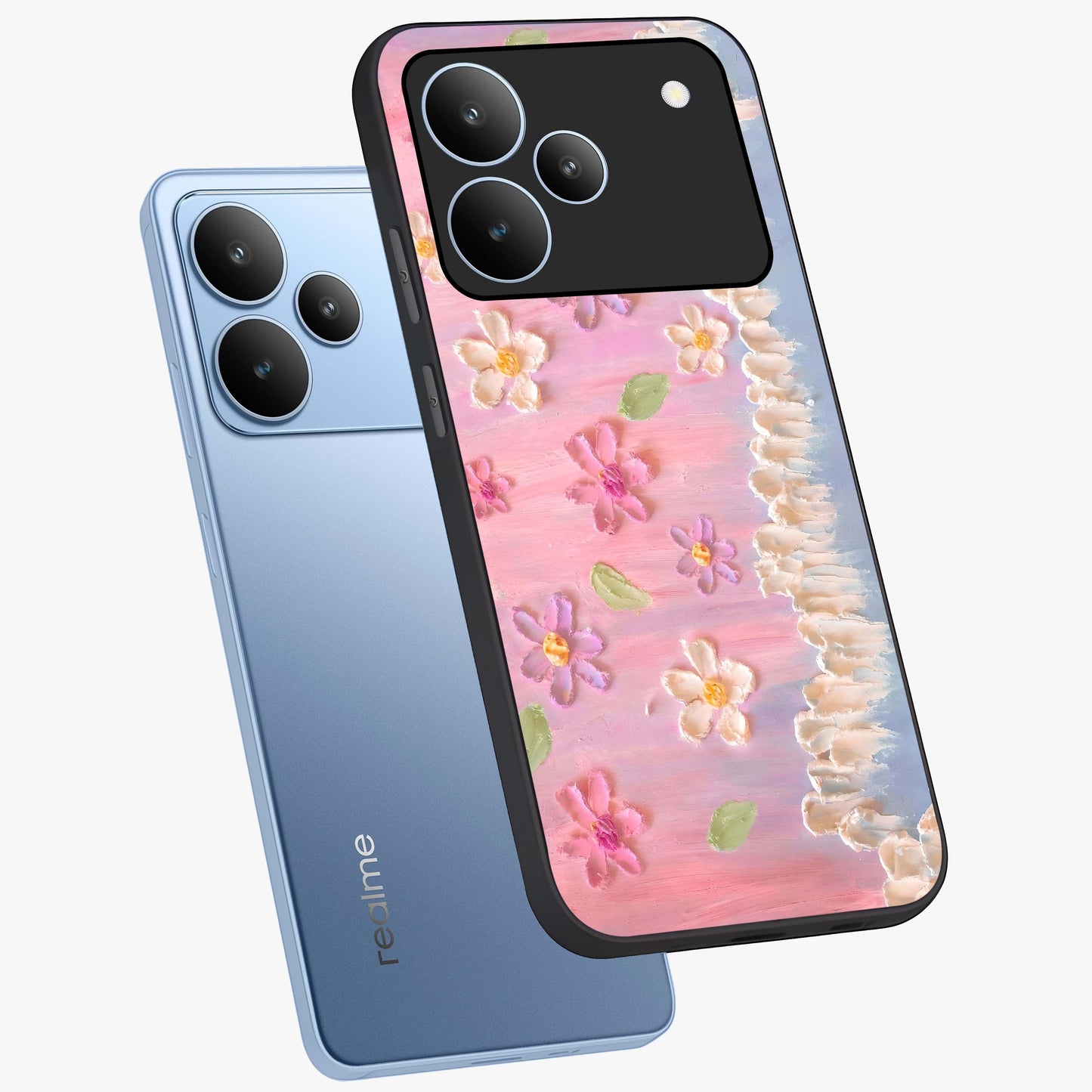 Dreamy Painted Garden Glass Case displayed in angled mockup highlighting colorful garden illustration with dreamy aesthetic style.