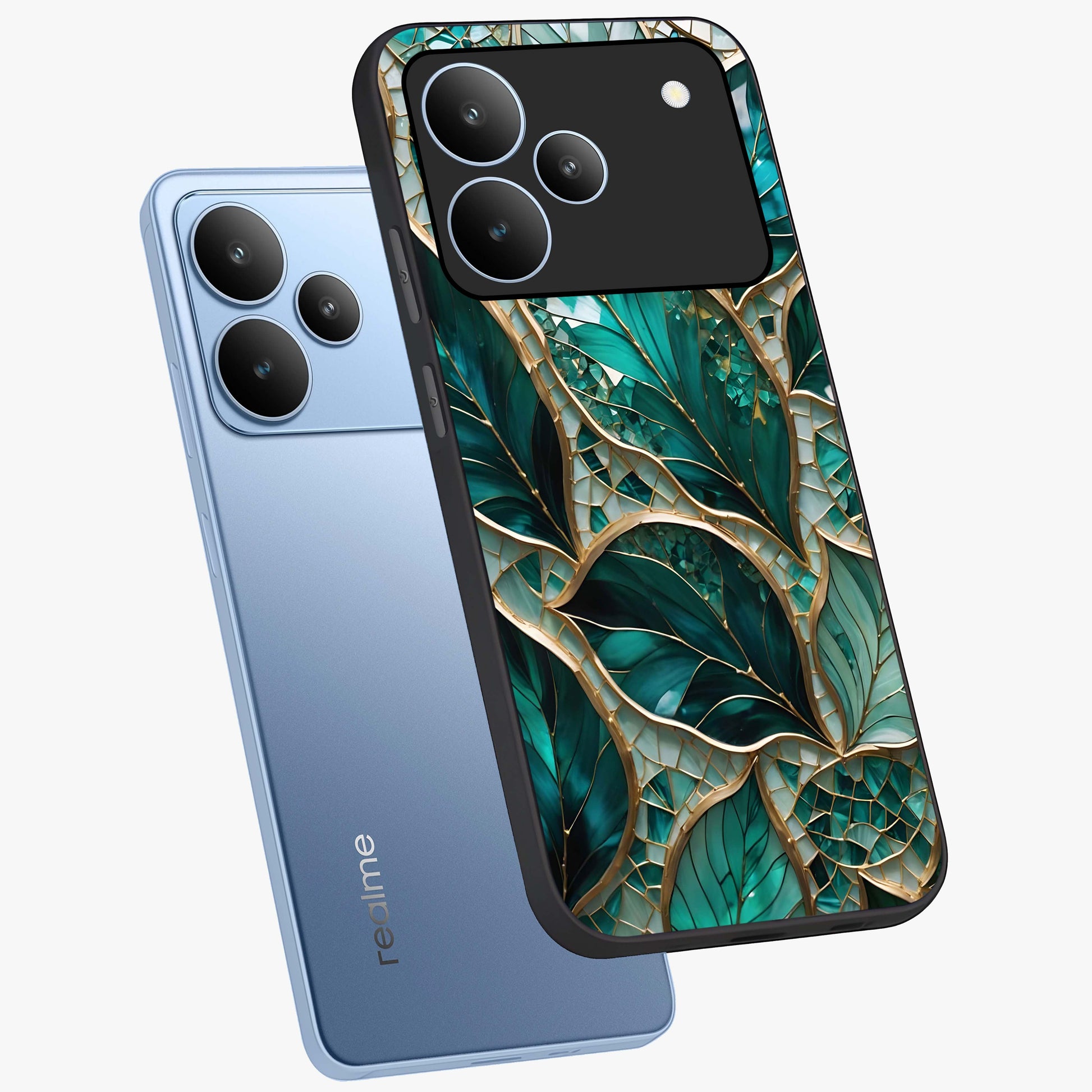 Emerald Leaf Glass Glass Case displayed in angled mockup highlighting botanical leaf illustration with elegant natural aesthetic.