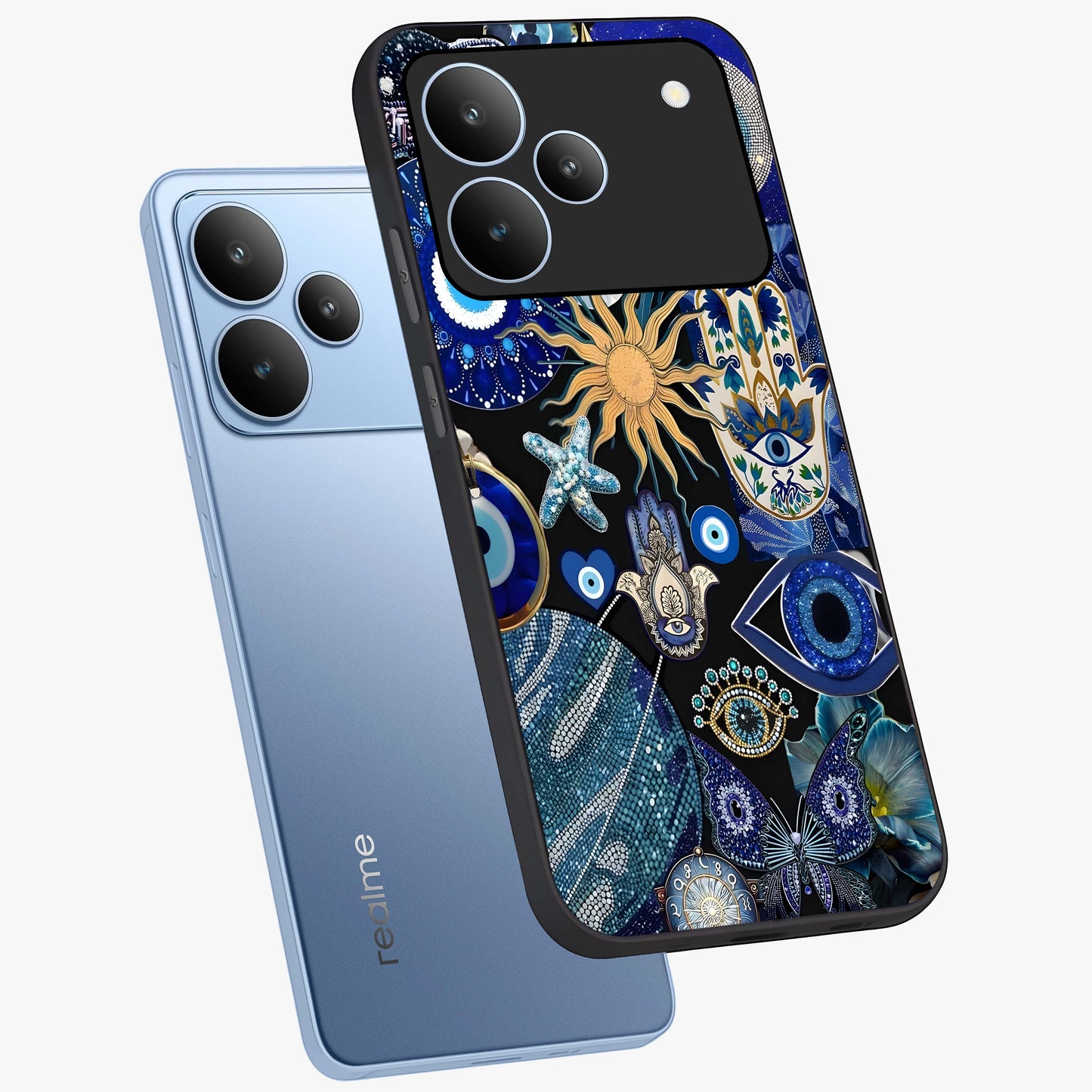Evil Eye Charm Mix Glass Case displayed in angled mockup highlighting protective evil eye symbols with spiritual aesthetic design.