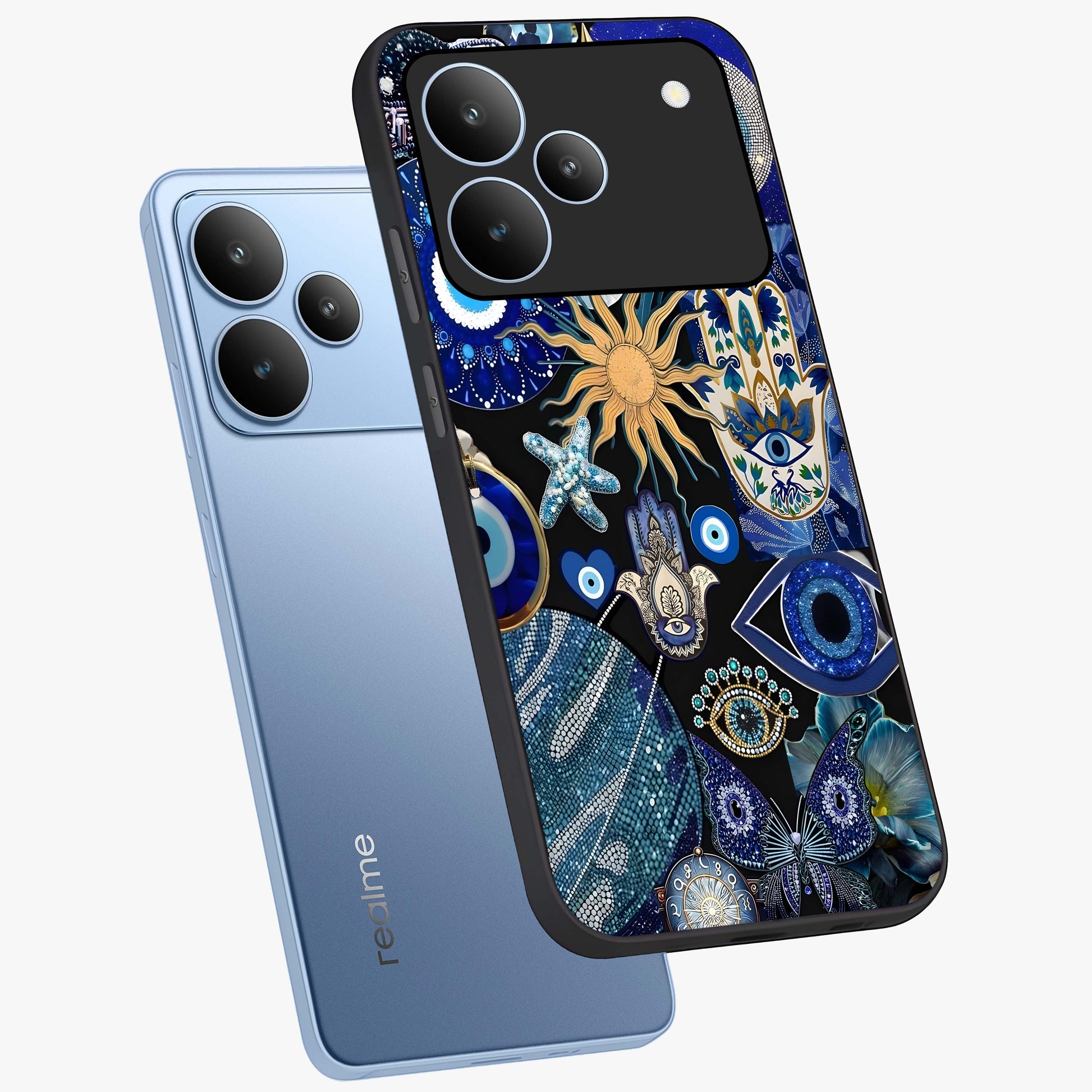 Evil Eye Charm Mix Glass Case displayed in angled mockup highlighting protective evil eye symbols with spiritual aesthetic design.