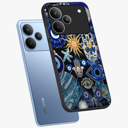Evil Eye Charm Mix Glass Case displayed in angled mockup highlighting protective evil eye symbols with spiritual aesthetic design.