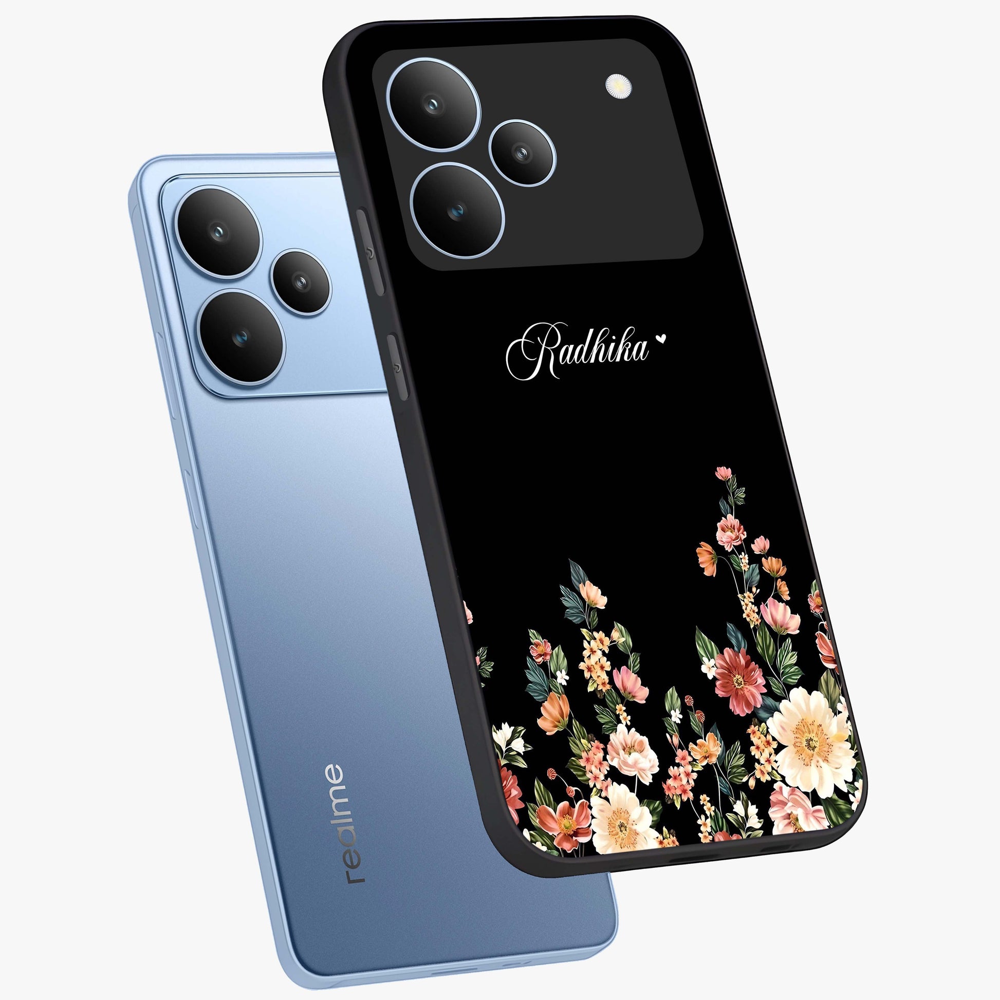 Floral Design With a Custom Personalized Name Glass Case displayed in angled mockup highlighting elegant floral pattern with custom name feature.