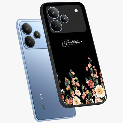 Floral Design With a Custom Personalized Name Glass Case displayed in angled mockup highlighting elegant floral pattern with custom name feature.