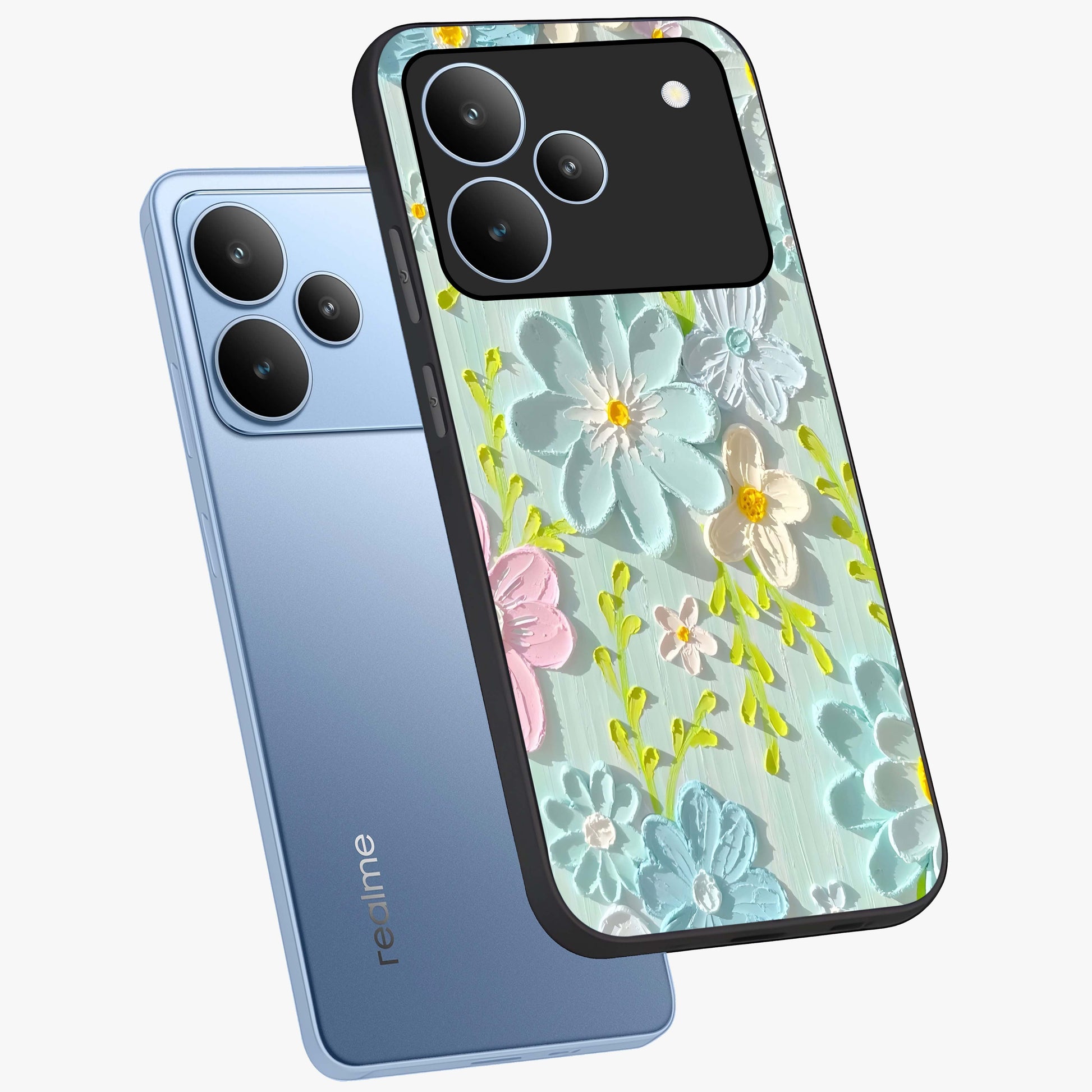 Frosted Petal Garden Glass Case displayed in angled mockup highlighting delicate flower petal design with calm garden aesthetic.