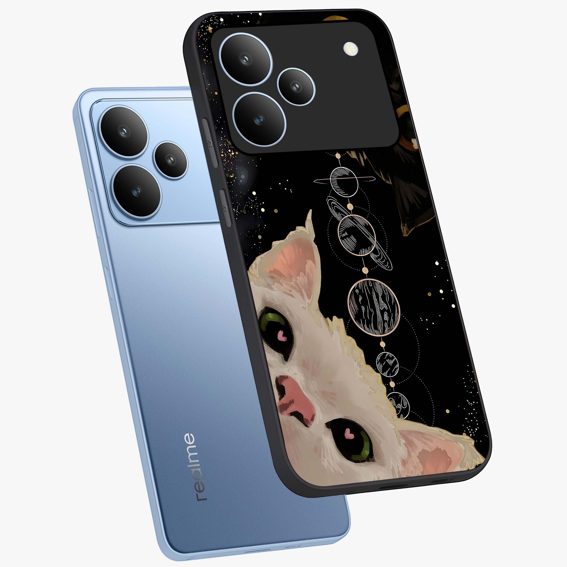 Galactic Cat Glass Case displayed in angled mockup highlighting celestial feline illustration with galaxy aesthetic style.