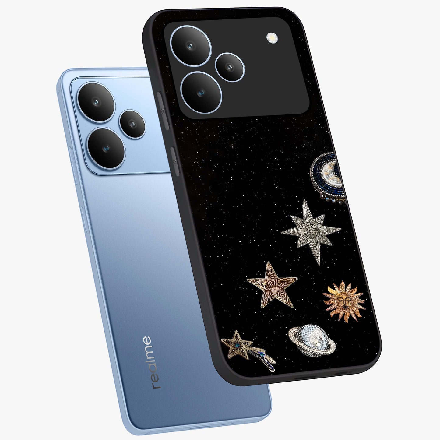 Galactic Charm Glow Glass Case displayed in angled mockup highlighting luminous galaxy inspired design with dreamy aesthetic.