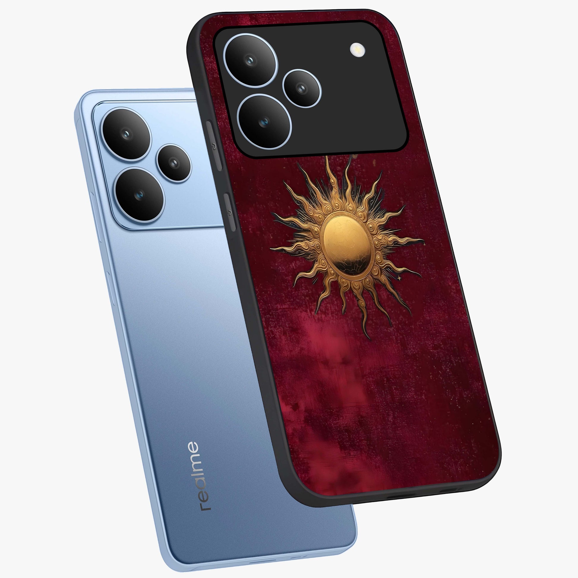 Golden Sun Minimalism Glass Case displayed in angled mockup highlighting clean sun symbol design with modern minimal aesthetic.