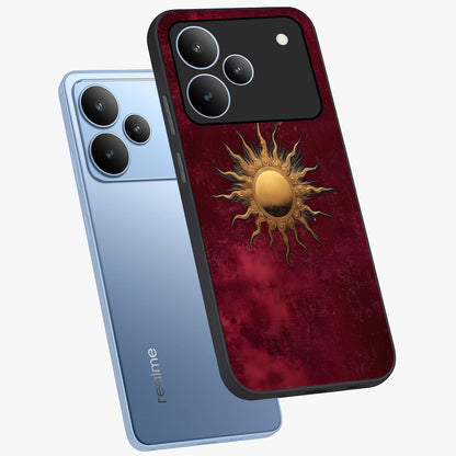Golden Sun Minimalism Glass Case displayed in angled mockup highlighting clean sun symbol design with modern minimal aesthetic.