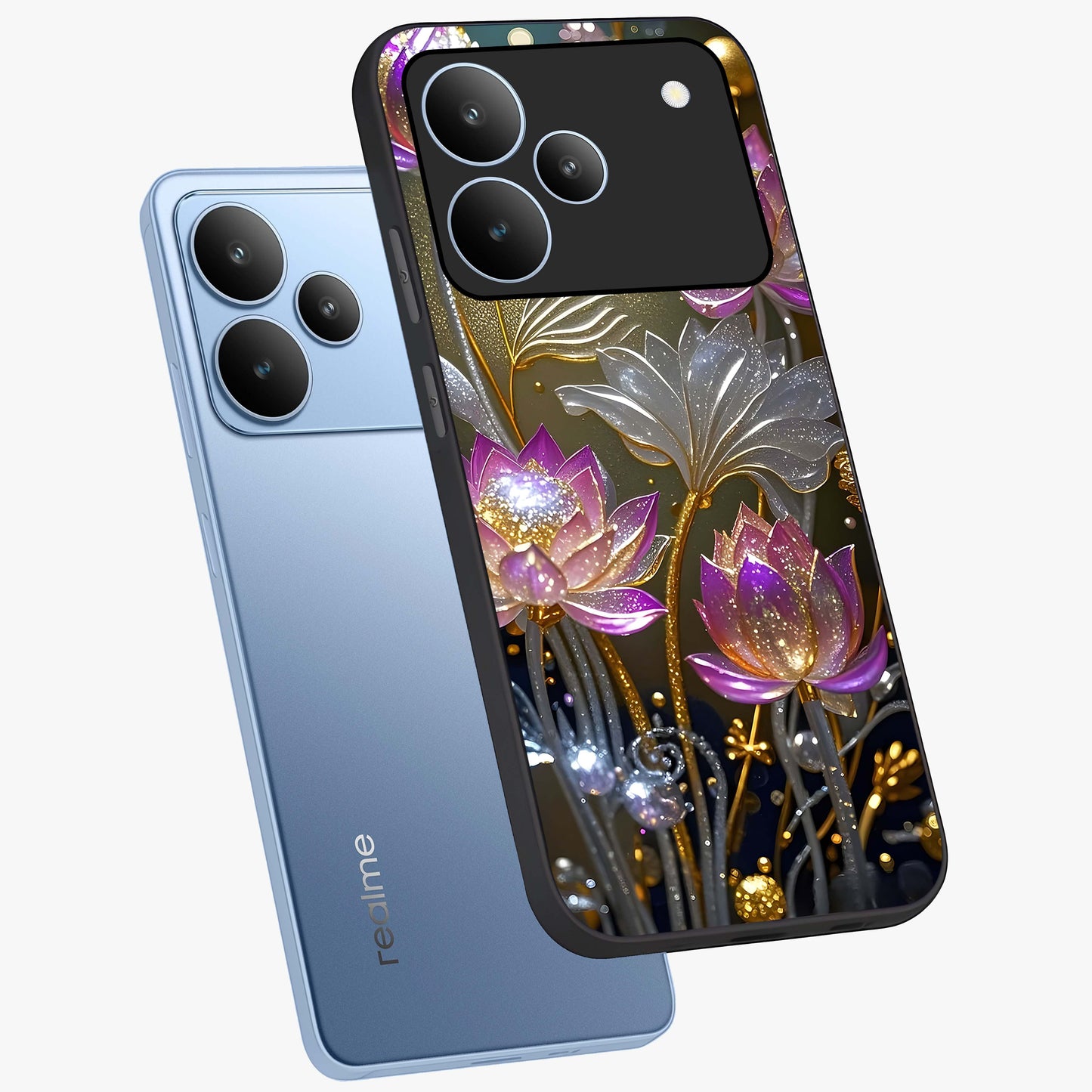 Golden Floral Majesty Glass Case displayed in angled mockup highlighting elegant flower design with royal golden aesthetic.