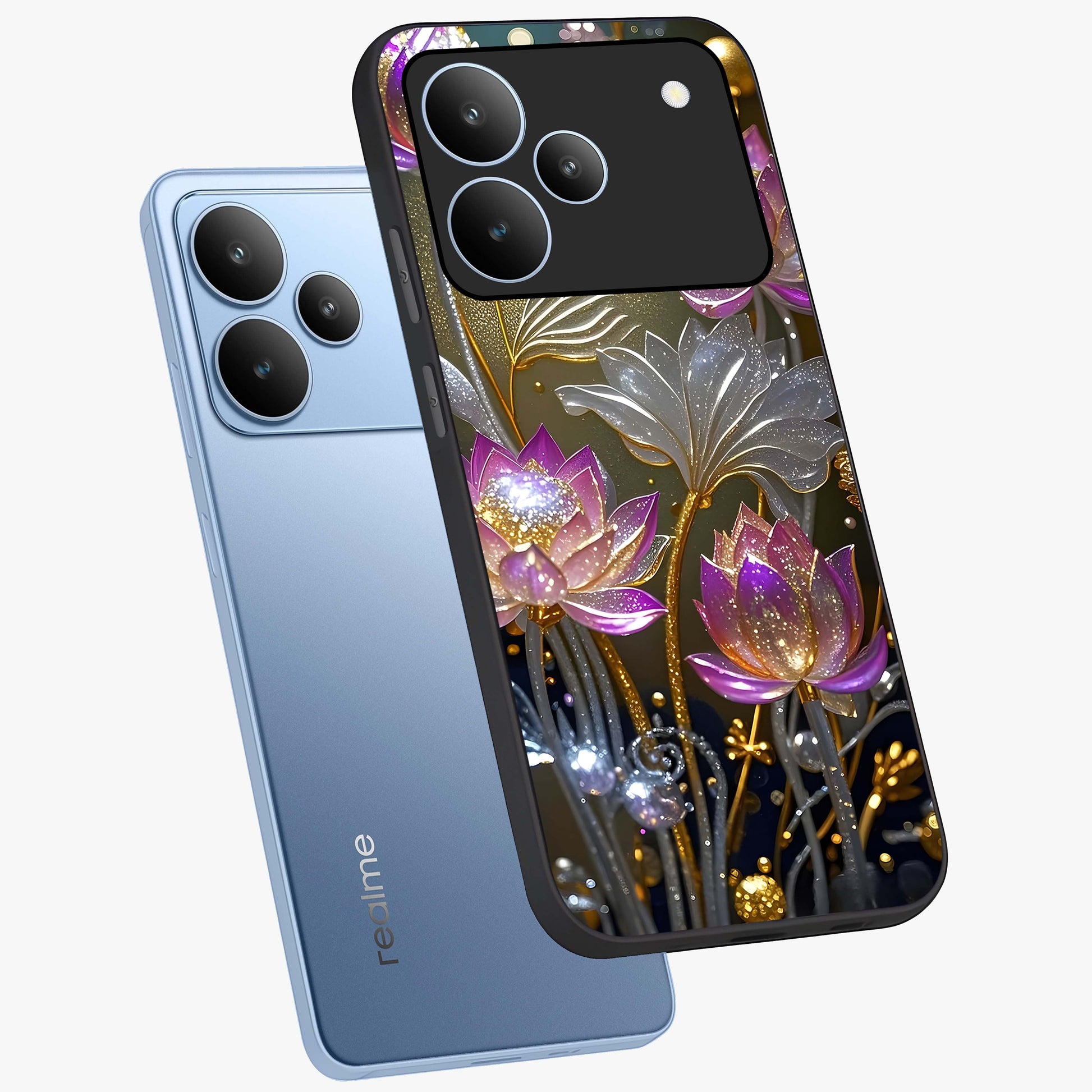 Golden Floral Majesty Glass Case displayed in angled mockup highlighting elegant flower design with royal golden aesthetic.