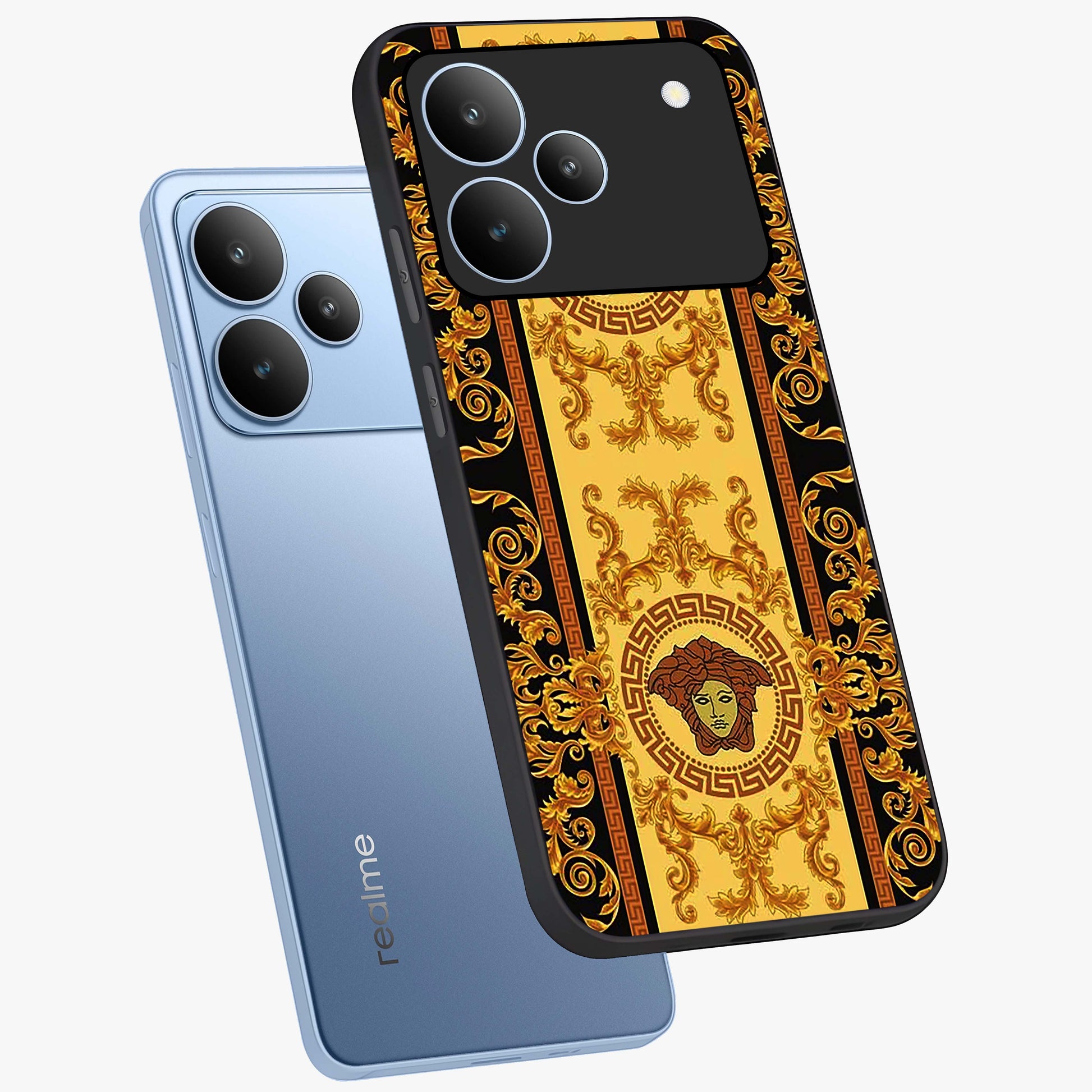 Golden Lotus Glow Glass Case displayed in angled mockup highlighting radiant lotus illustration with spiritual aesthetic.