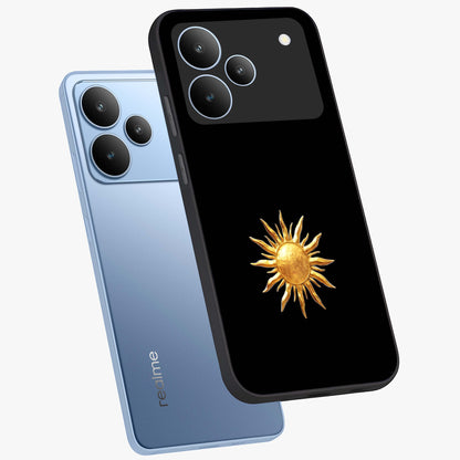 Golden Sun Minimalism Glass Case displayed in angled mockup highlighting eerie shadow illustration with gothic aesthetic.