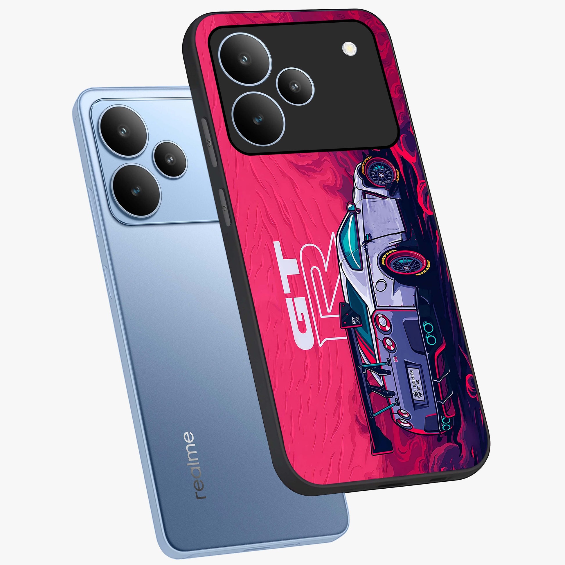 GT-R Car Pattern Glass Case displayed in angled mockup highlighting racing car graphic design with bold automotive aesthetic.