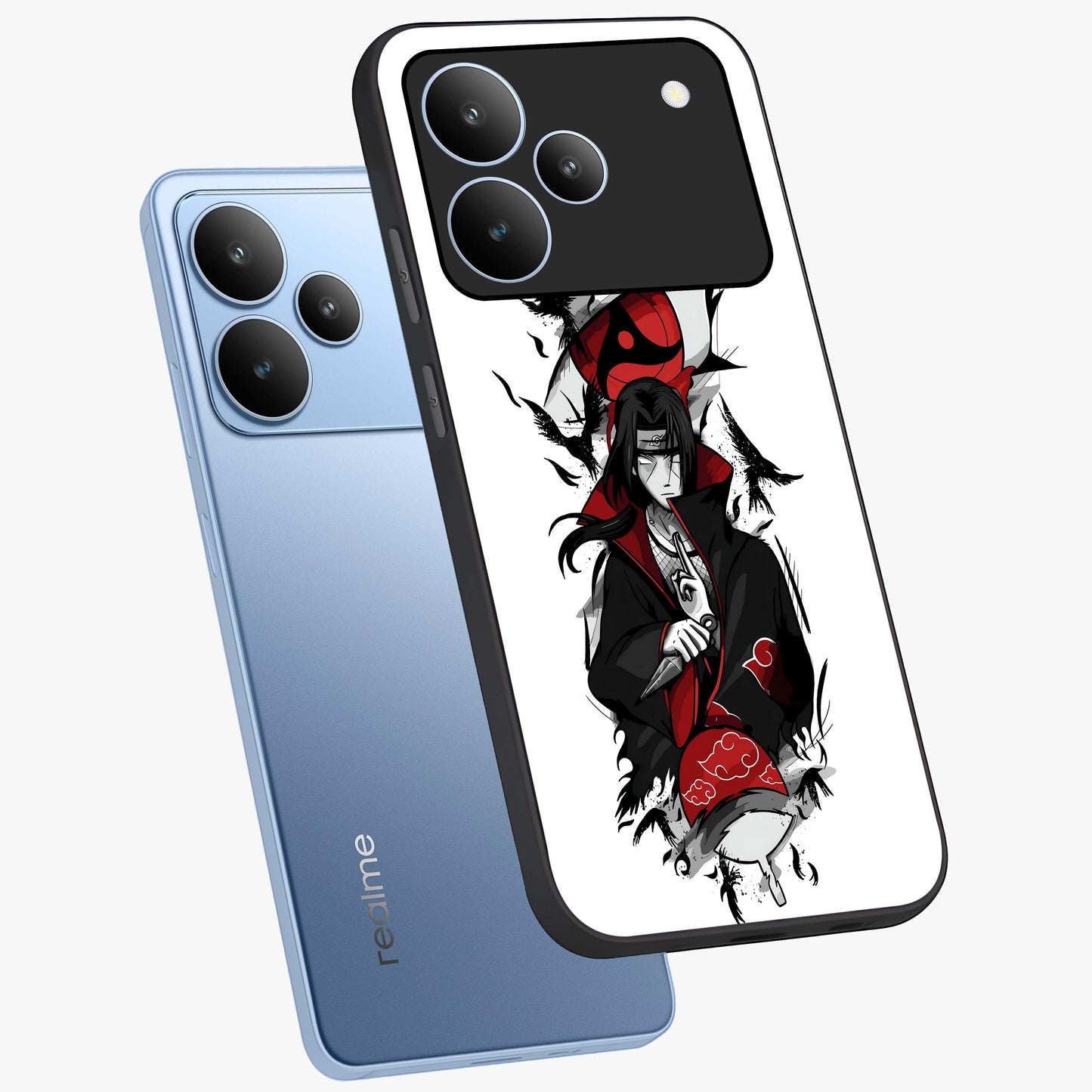 Itachi Limited Edition Naruto Anime Glass Case displayed in angled mockup highlighting dramatic anime illustration with bold action aesthetic.