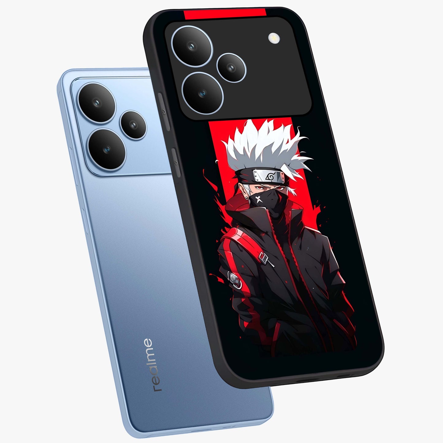 Kakashi Scarlet Shadow Glass Case displayed in angled mockup highlighting dramatic ninja illustration with scarlet themed aesthetic.