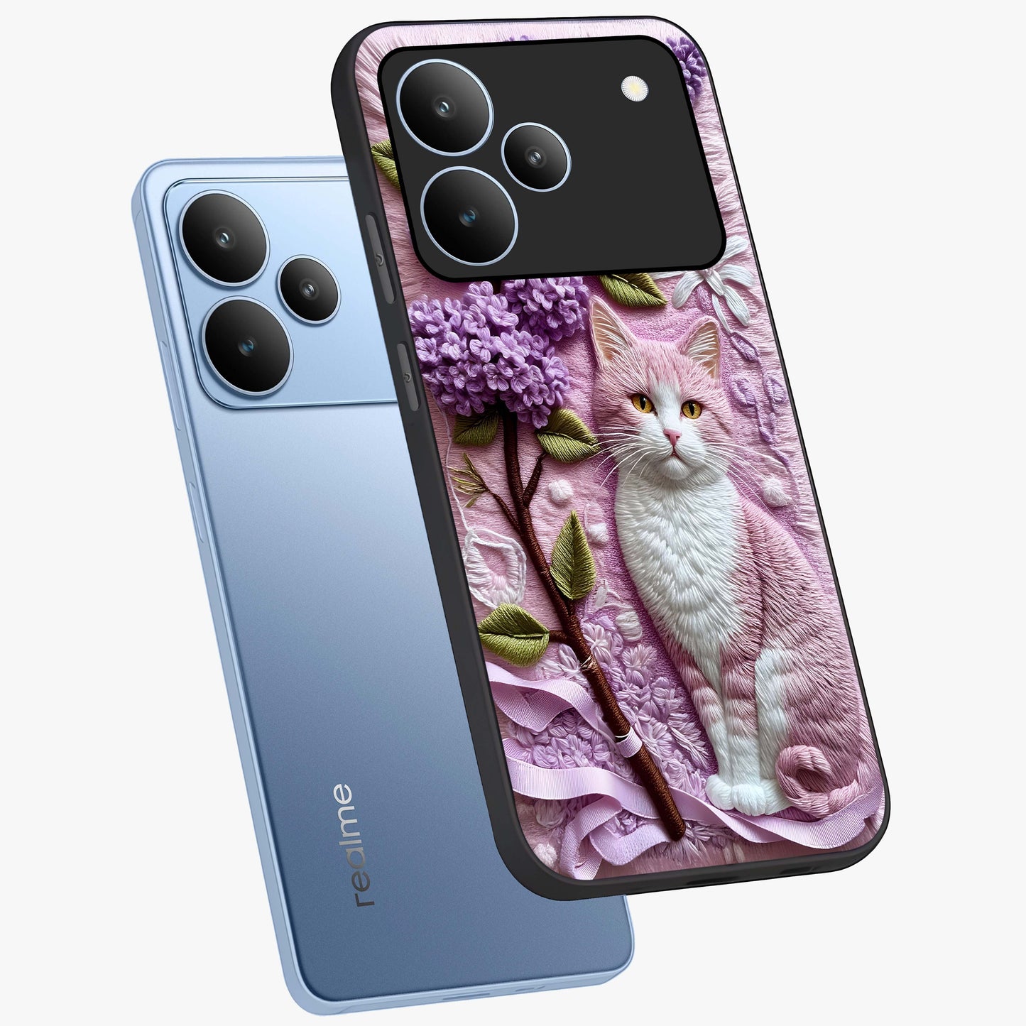 Lavender Cat Whimsy Glass Case displayed in angled mockup highlighting playful feline illustration with pastel lavender aesthetic.
