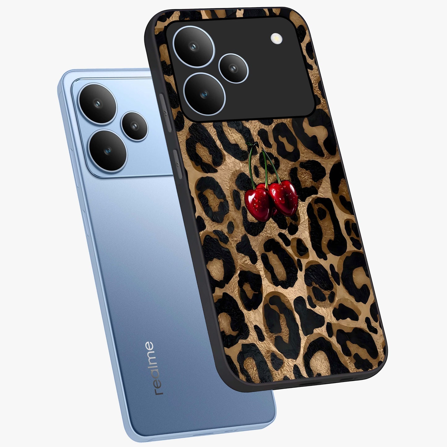 Leopard Wild Cherry Glass Case displayed in angled mockup highlighting bold animal print design with playful cherry aesthetic.