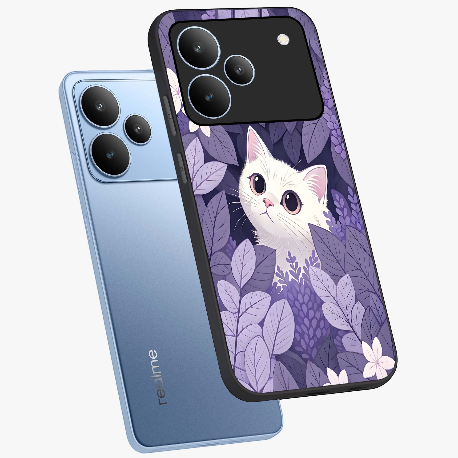 Lilac Hide Peek Cat Glass Case displayed in angled mockup highlighting playful feline illustration with lilac aesthetic design.