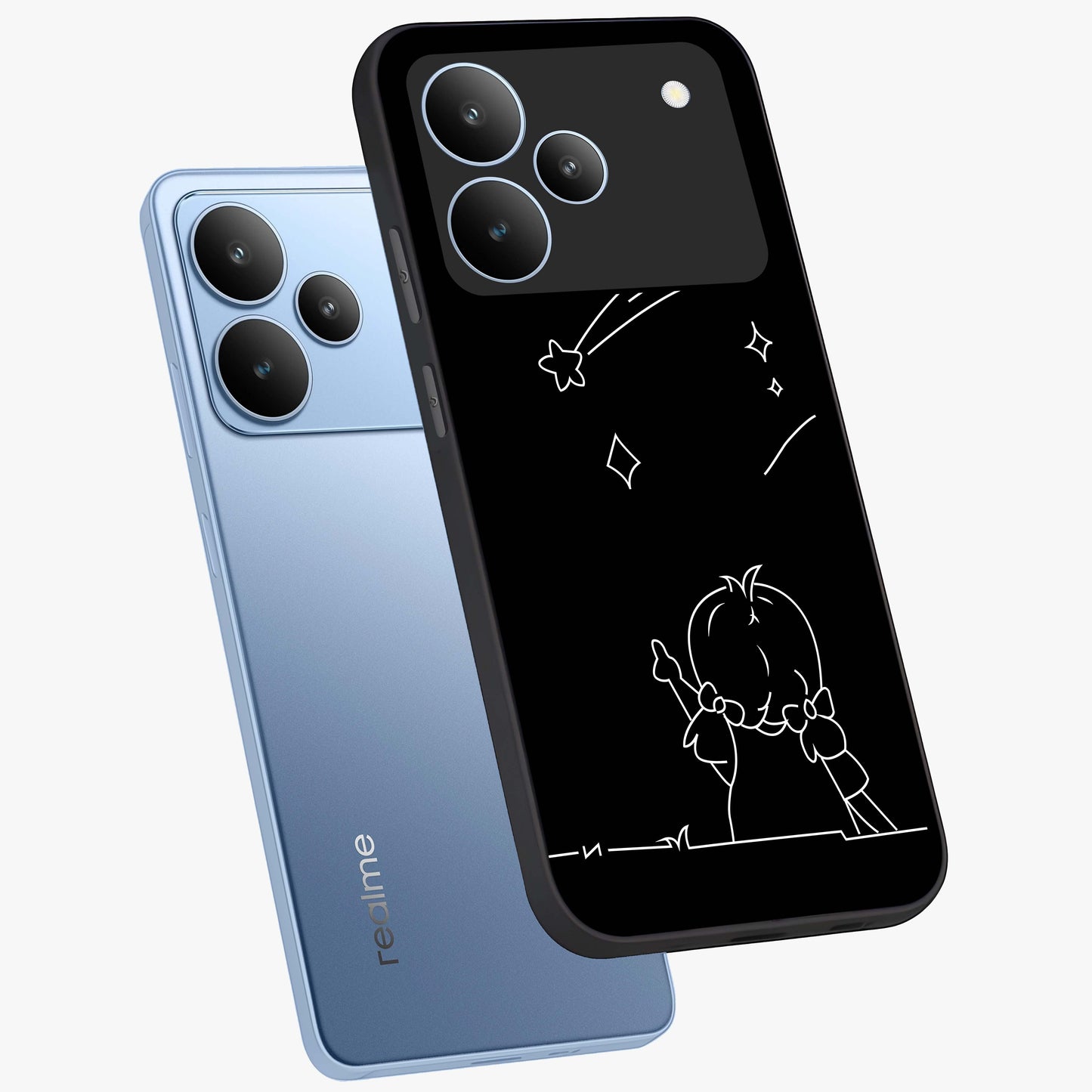 Line Art Girl With Shooting Stars Glass Case displayed in angled mockup highlighting elegant line art design with dreamy star aesthetic.