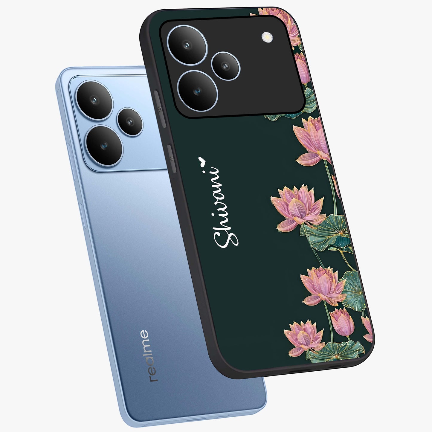 Lotus Bloom Serenity Custom Name Glass Case displayed in angled mockup highlighting graceful lotus illustration with custom name feature.