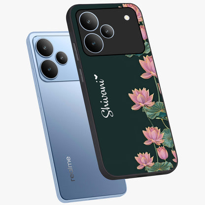 Lotus Bloom Serenity Custom Name Glass Case displayed in angled mockup highlighting graceful lotus illustration with custom name feature.