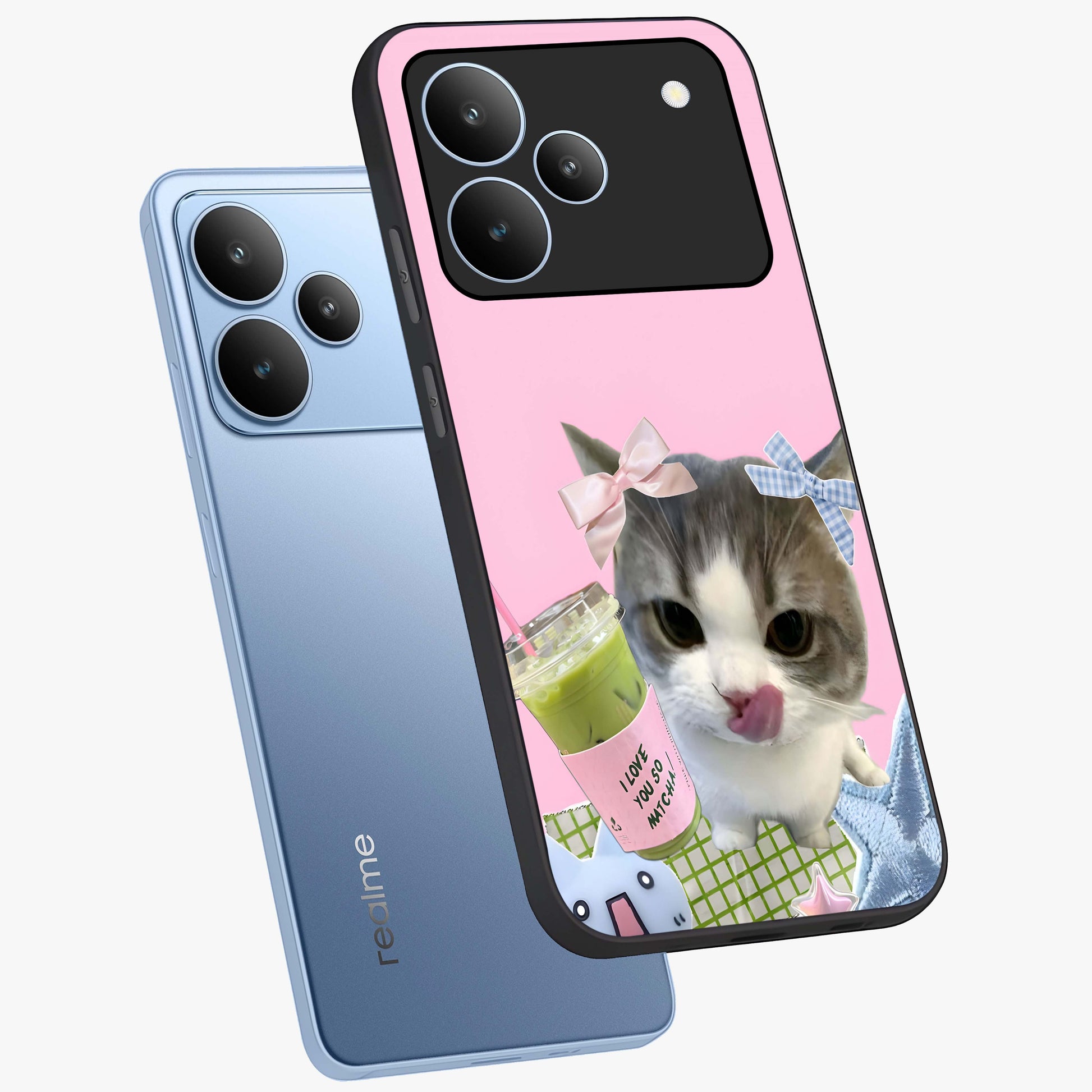 Love Matcha Cat Glass Case displayed in angled mockup highlighting playful feline illustration with cozy matcha aesthetic.