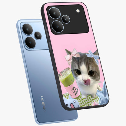 Love Matcha Cat Glass Case displayed in angled mockup highlighting playful feline illustration with cozy matcha aesthetic.