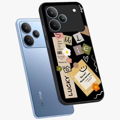 Lucky Aesthetic Collage Glass Case displayed in angled mockup highlighting stylish collage pattern with modern aesthetic vibe.