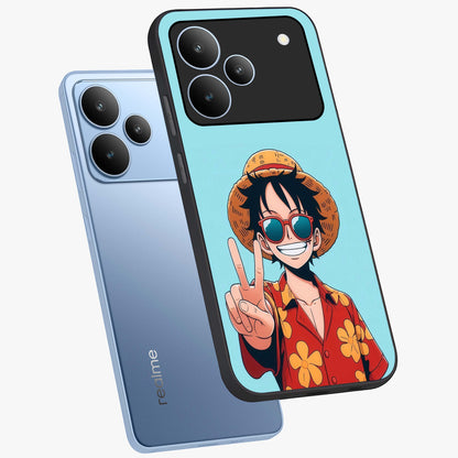 Luffy Summer Anime Vibe Glass Case displayed in angled mockup highlighting energetic anime illustration with summer vibe aesthetic.