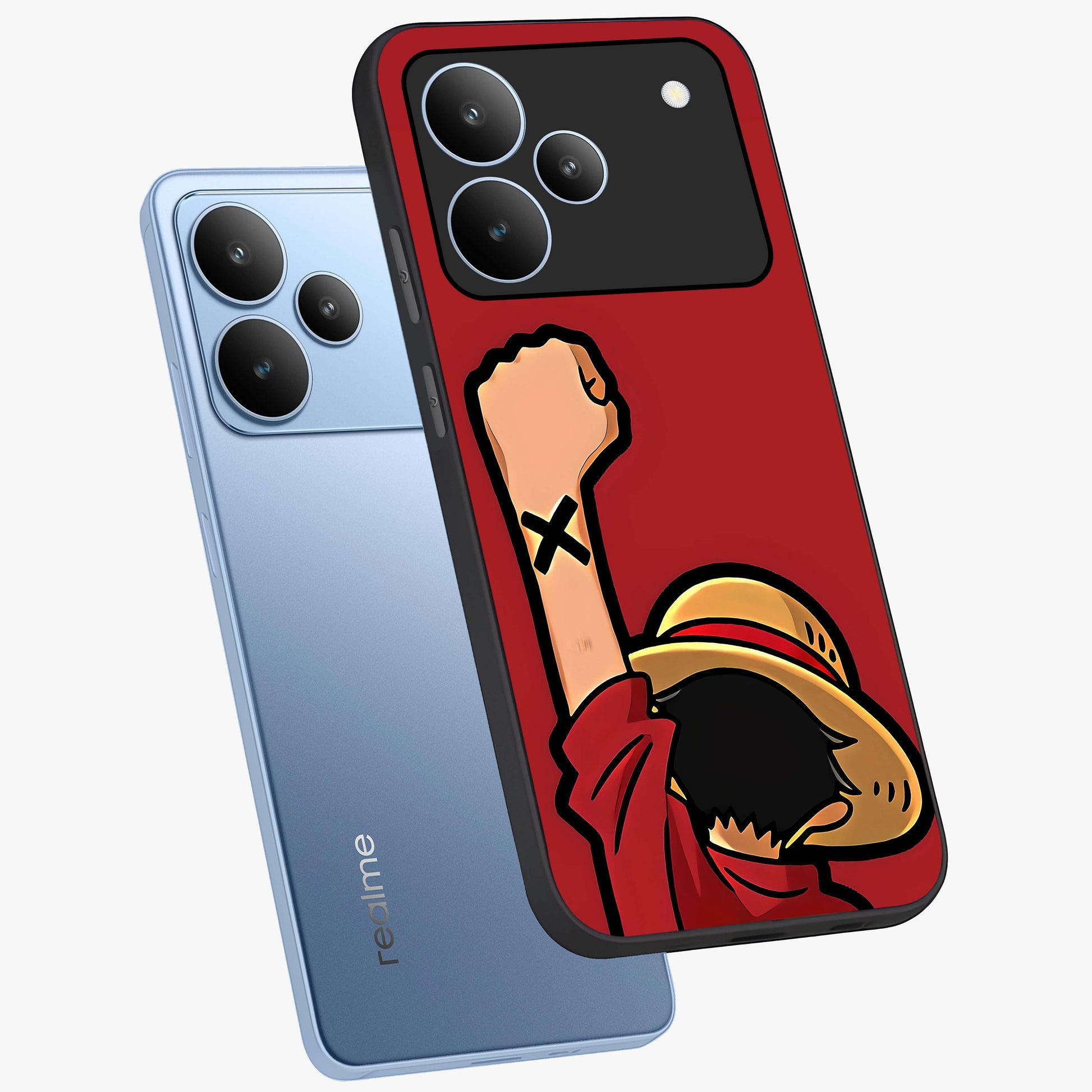 Luffy X Spirit Glass Case displayed in angled mockup highlighting powerful anime design with energetic action aesthetic.