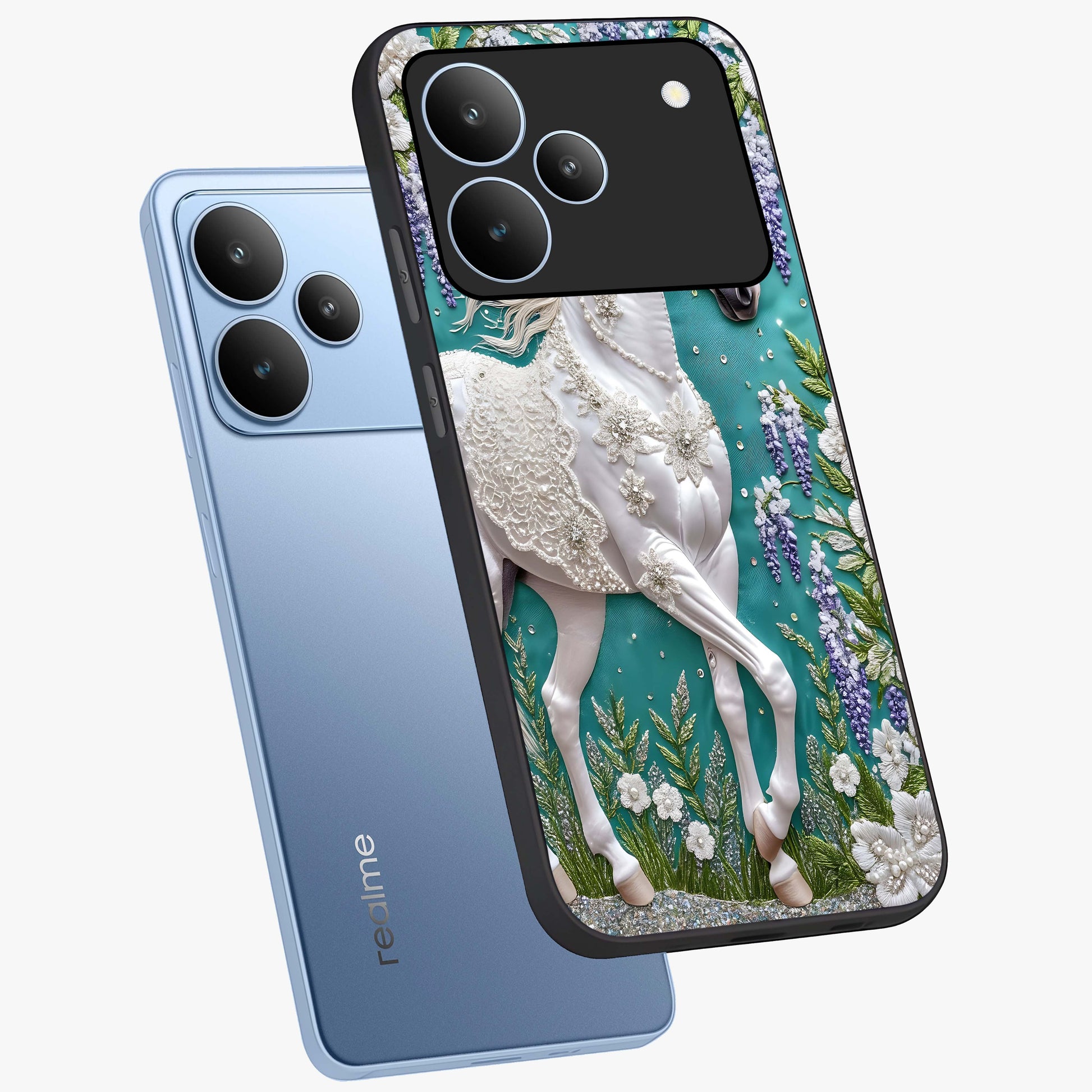 Majestic Floral Stallion Glass Case displayed in angled mockup highlighting majestic stallion illustration with elegant floral aesthetic.