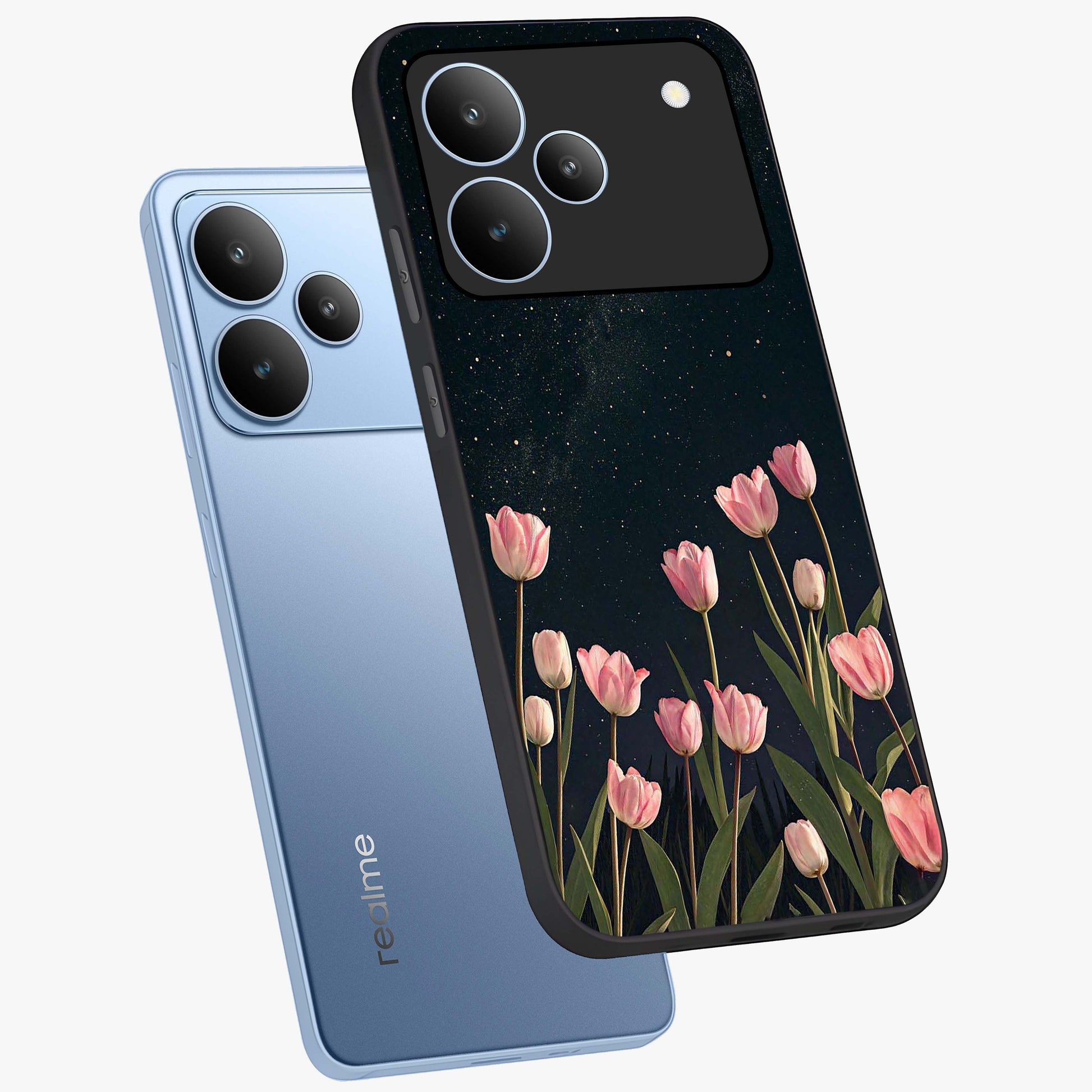 Midnight Tulip Whispers Vibe Glass Case displayed in angled mockup highlighting delicate tulip design with midnight floral aesthetic.